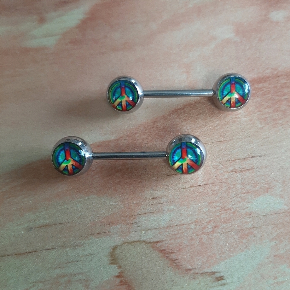 Body Candy 14 Gauge 9/16 Rainbow Tie Dye Peace Sign Barbell Nipple Ring Set